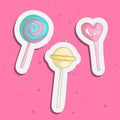 Cute funny Girl teenager colored icon set sticker lollipops, fashion cute teen and princess icons. Magic fun cute patch