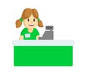 Cute funny girl in uniform behind the shop counter. Flat vector illustration, isolated on white background.