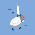 Cute funny goose going, holding spring flowers. Romantic bird in bow tie, kids character, walking and carrying bouquet