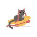 Cute funny gray cat playing with straw hat and ribbon vector Illustration Royalty Free Stock Photo