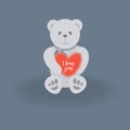 Cute funny gray Teddy bear with a red heart with the words I love you on a navy background.For Valentine`s day cards for your Royalty Free Stock Photo