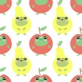 Cute funny green frog in fruit suit seamless pattern. Vector hand drawn cartoon kawaii character illustration stickers Royalty Free Stock Photo