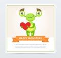 Cute funny green monster holding red heart, happy monsters banner cartoon vector element for website or mobile app Royalty Free Stock Photo