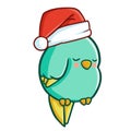 Cute and funny green sleeping bird wearing Santa`s hat for Christmas Royalty Free Stock Photo