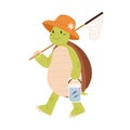 Cute and funny green turtle in summer hat going fishing and carrying landing net. Happy smiling tortoise character