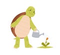 Cute and funny green turtle watering flower. Happy smiling tortoise standing on back paws. Funny childish animal