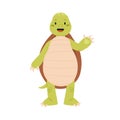 Cute and funny green turtle waving hand and saying hi. Happy smiling tortoise character standing on back paws isolated Royalty Free Stock Photo