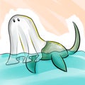 Cute and funny halloween cartoon illustration. Fantasy creature loch ness monster wears ghost halloween costume.