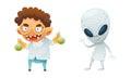 Cute funny Halloween characters set. Mad scientist and alien cartoon vector illustration