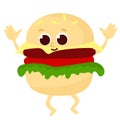 Cute and funny hamburger. Fast food in the form of funny creatures. Character design in cartoon style.