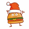 Cute and funny hamburger smiling happily, waving its hand and wearing Santa`s hat for christmas