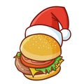 Cute and funny hamburger wearing Santa`s hat for Christmas