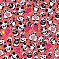 Cute and funny hand drawn pandas with hearts design seamless pattern vector