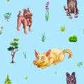 Cute and funny hand drawn watercolor dogs in cartoony style in a garden. Cartoon puppies and doggies on blue background