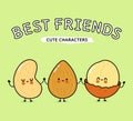 Cute, funny happy almonds, Macadamia and cashews nut. Vector hand drawn cartoon kawaii characters, illustration icon