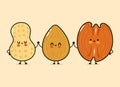Cute, funny happy almonds, peanuts and pecan. Vector hand drawn cartoon kawaii characters, illustration icon. Funny