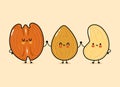 Cute, funny happy almonds, pecan and cashews nut. Vector hand drawn cartoon kawaii characters, illustration icon. Funny