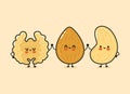 Cute, funny happy almonds, Walnut and cashews nut. Vector hand drawn cartoon kawaii characters, illustration icon. Funny