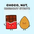 Chocolate and almond character. Vector hand drawn cartoon kawaii characters, illustration icon. Funny cartoon happy