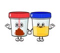 Cute, funny happy container for analysis urine feces character. Vector hand drawn cartoon kawaii characters