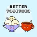 Cute, funny happy cup of coffee and ice cream character. Vector hand drawn cartoon kawaii characters, illustration icon Royalty Free Stock Photo
