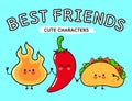 Cute, funny happy fire chili pepper and tacos. Vector hand drawn cartoon kawaii characters, illustration icon. Funny Royalty Free Stock Photo