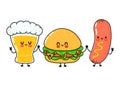 Cute, funny happy glass of beer, hamburger sausage with mustard. Vector hand drawn cartoon kawaii characters Royalty Free Stock Photo