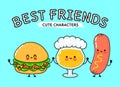 Cute, funny happy glass of beer, hamburger sausage with mustard. Vector hand drawn cartoon kawaii characters