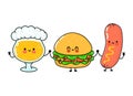 Cute, funny happy glass of beer, hamburger sausage with mustard. Vector hand drawn cartoon kawaii characters