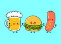 Cute, funny happy glass of beer, hamburger sausage. Vector hand drawn cartoon kawaii characters, illustration icon