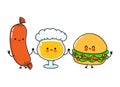 Cute, funny happy glass of beer, hamburger sausage. Vector hand drawn cartoon kawaii characters, illustration icon Royalty Free Stock Photo