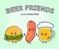 Cute, funny happy glass of beer, hamburger sausage. Vector hand drawn cartoon kawaii characters, illustration icon