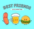 Cute, funny happy glass of beer, hamburger sausage. Vector hand drawn cartoon kawaii characters, illustration icon