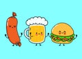 Cute, funny happy glass of beer, hamburger sausage. Vector hand drawn cartoon kawaii characters, illustration icon