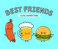 Cute, funny happy glass of beer, hamburger sausage. Vector hand drawn cartoon kawaii characters, illustration icon