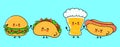 Cute, funny happy glass of beer, hot dog, hamburger, taco . Vector hand drawn cartoon kawaii characters, illustration Royalty Free Stock Photo