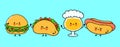 Cute, funny happy glass of beer, hot dog, hamburger, taco . Vector hand drawn cartoon kawaii characters, illustration Royalty Free Stock Photo