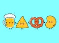 Cute, funny happy glass of beer, nachos, chips, pretzel. Vector hand drawn cartoon kawaii characters, illustration icon Royalty Free Stock Photo