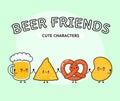 Cute, funny happy glass of beer, nachos, chips, pretzel. Vector hand drawn cartoon kawaii characters, illustration icon Royalty Free Stock Photo