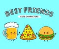 Cute, funny happy glass of beer, pizza and hamburger. Vector hand drawn cartoon kawaii characters, illustration icon Royalty Free Stock Photo