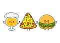 Cute, funny happy glass of beer, pizza and hamburger. Vector hand drawn cartoon kawaii characters, illustration icon Royalty Free Stock Photo