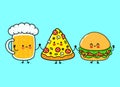 Cute, funny happy glass of beer, pizza and hamburger. Vector hand drawn cartoon kawaii characters, illustration icon Royalty Free Stock Photo