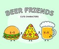 Cute, funny happy glass of beer, pizza and hamburger. Vector hand drawn cartoon kawaii characters, illustration icon Royalty Free Stock Photo