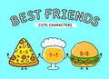 Cute, funny happy glass of beer, pizza and hamburger. Vector hand drawn cartoon kawaii characters, illustration icon Royalty Free Stock Photo