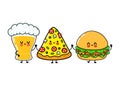 Cute, funny happy glass of beer, pizza and hamburger. Vector hand drawn cartoon kawaii characters, illustration icon Royalty Free Stock Photo