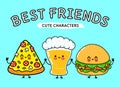 Cute, funny happy glass of beer, pizza and hamburger. Vector hand drawn cartoon kawaii characters, illustration icon Royalty Free Stock Photo