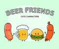 Cute, funny happy glass of beer, sausage with mustard and hamburger. Vector hand drawn cartoon kawaii characters Royalty Free Stock Photo