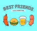Cute, funny happy glass of beer, sausage with mustard and hamburger. Vector hand drawn cartoon kawaii characters Royalty Free Stock Photo