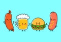 Cute, funny happy glass of beer, sausage with mustard and hamburger. Vector hand drawn cartoon kawaii characters Royalty Free Stock Photo