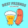 Cute, funny happy glass of beer and sausage with mustard. Vector hand drawn cartoon kawaii characters, illustration icon Royalty Free Stock Photo
